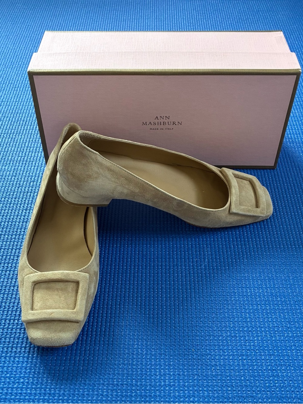 ANN MASHBURN Suede Square-Toe Flats in Tan